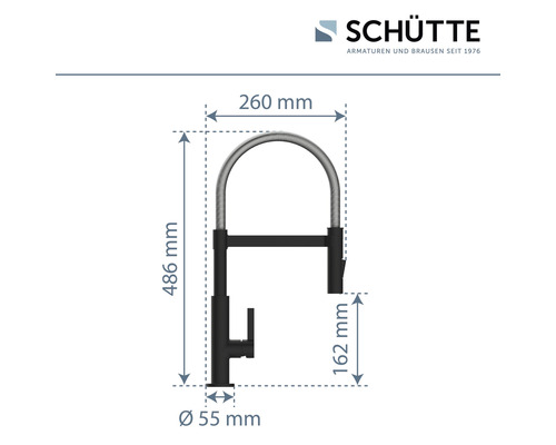 Desen tehnic al unei baterii de bucătărie negre cu dimensiunile 486 mm înălțime, 260 mm lățime și 55 mm diametru
