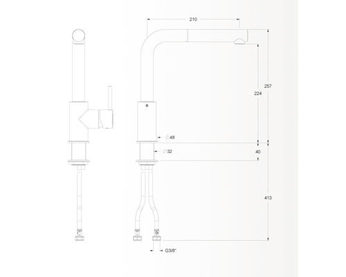 Desen tehnic al unei baterii de bucătărie cu dimensiuni.