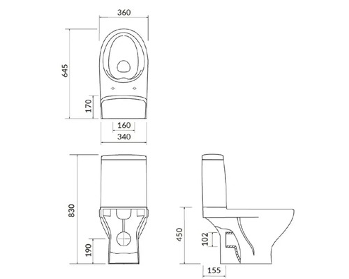 Desen tehnic al unui WC cu montaj pe podea, cu dimensiuni