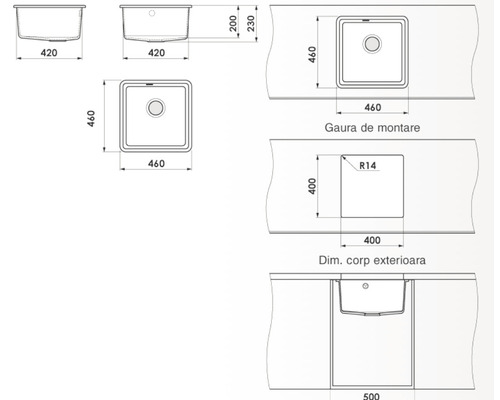 Desen tehnic al unei chiuvete cu dimensiuni