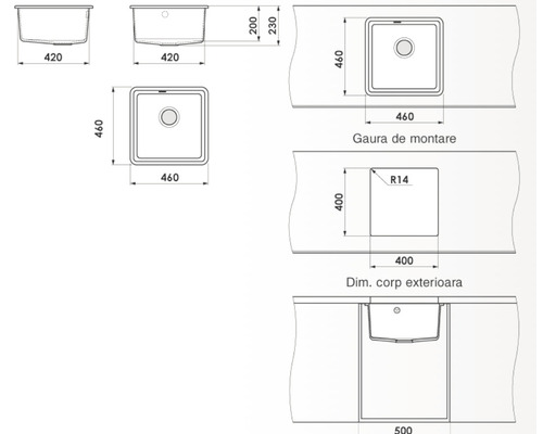 Desen tehnic cu chiuvetă de bucătărie cu dimensiuni pentru instalare și dimensiuni exterioare