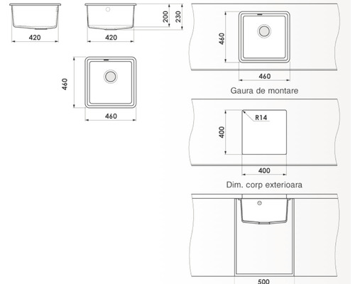Desen tehnic cu dimensiunile unei chiuvete de bucătărie