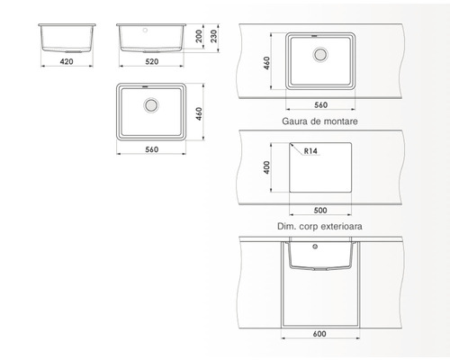 Desen tehnic al unei chiuvete de bucătărie cu dimensiuni pentru montaj și dimensiuni exterioare