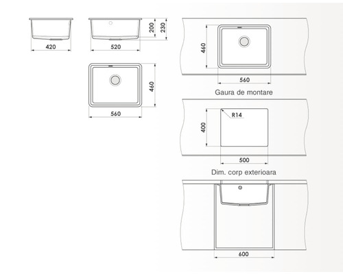 Desen tehnic al unei chiuvete cu dimensiuni