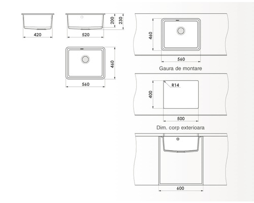 Desen tehnic al unei chiuvete cu dimensiuni