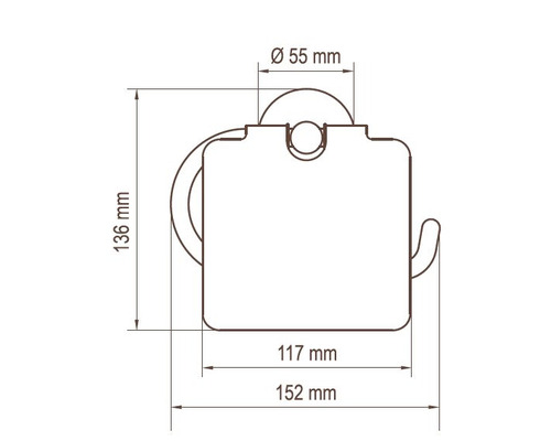 Desen tehnic al unui suport pentru hârtie igienică cu dimensiunile 136 mm înălțime, 152 mm lățime și 55 mm diametru