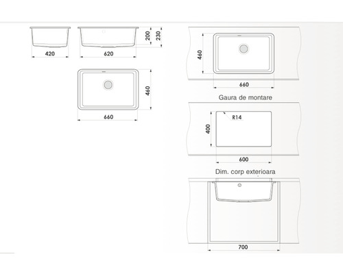 Desen tehnic al unei chiuvete cu dimensiuni
