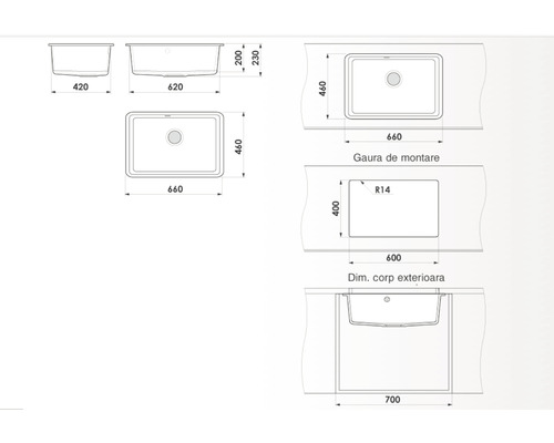 Desen tehnic cu dimensiunile unei chiuvete de bucătărie