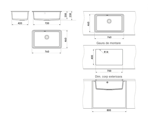 Desen tehnic cu dimensiunile unei chiuvete