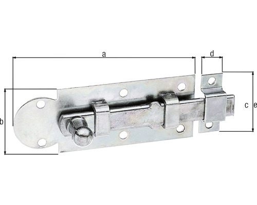 Zăvor metalic cu dimensiunile a, b, c, d și e.