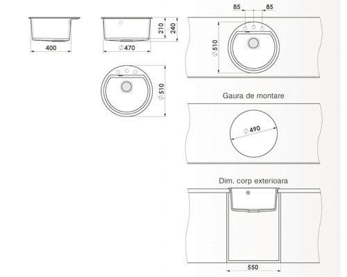 Desen tehnic al unei chiuvete cu dimensiuni pentru planificarea băii