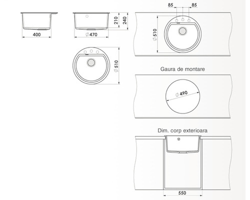 Desen tehnic al unei chiuvete de blat cu dimensiuni