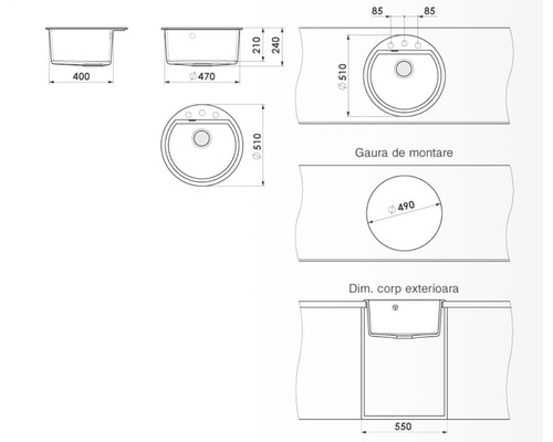 Desen tehnic al unei chiuvete aplicate cu dimensiuni pentru instalare