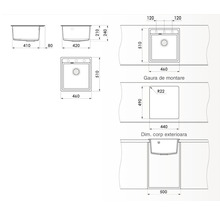 Desen tehnic al unei chiuvete de bucătărie cu dimensiuni