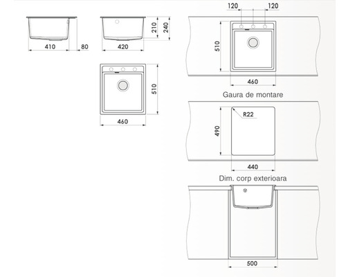 Desen tehnic cu dimensiunile unei chiuvete