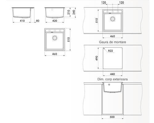 Desen tehnic al unei chiuvete de bucătărie cu dimensiuni pentru instalare și dimensiuni