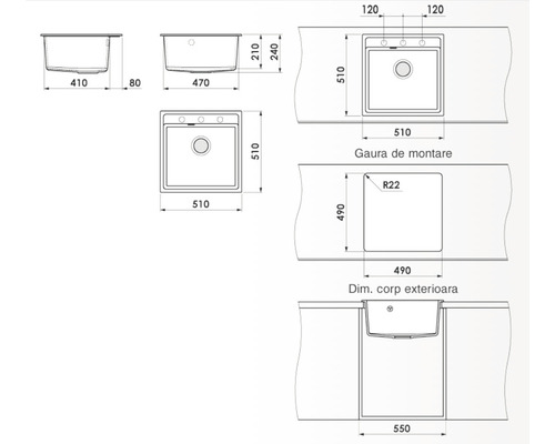 Desen tehnic al unei chiuvete cu dimensiuni