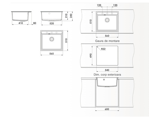 Desen tehnic al unei chiuvete cu dimensiuni pentru planificarea bucătăriei