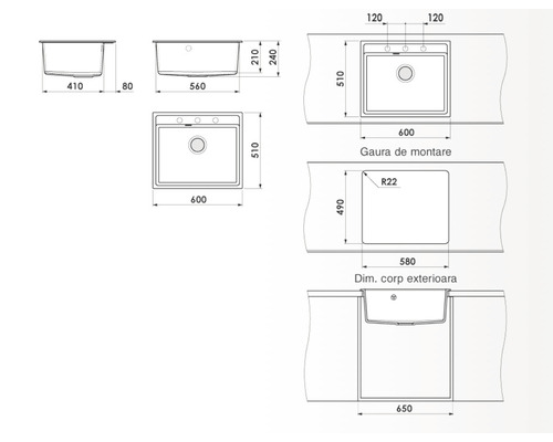 Desen tehnic cu dimensiunile chiuvetei