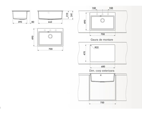 Desen tehnic al unei chiuvete cu dimensiuni pentru instalare