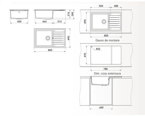 Desen tehnic chiuvetă de bucătărie cu dimensiuni