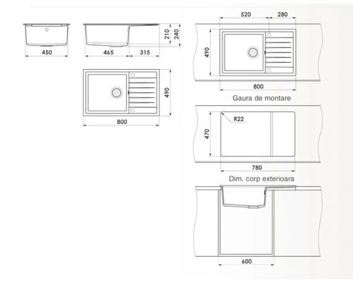 Desen tehnic al unei chiuvete cu dimensiuni