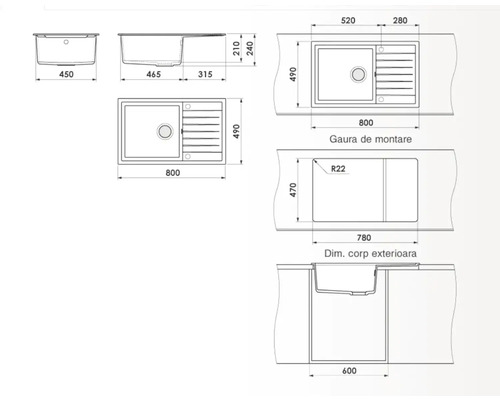 Desen tehnic al unei chiuvete de bucătărie cu dimensiuni