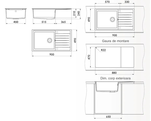 Desen tehnic al unei chiuvete de bucătărie cu dimensiuni.