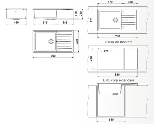 Desen tehnic cu dimensiunile chiuvetei