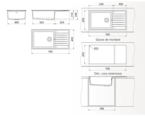Desen tehnic al unei chiuvete cu dimensiuni