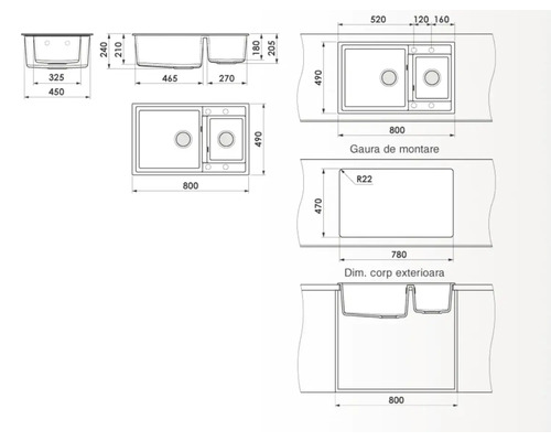 Desen tehnic al unei chiuvete cu două cuve și dimensiuni
