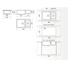 Desen tehnic al unei chiuvete cu cuvă dublă și dimensiuni