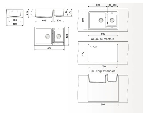 Desen tehnic al unei chiuvete cu cuvă dublă și dimensiuni