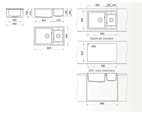 Desen tehnic cu dimensiunile chiuvetei
