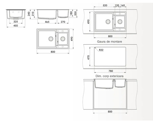 Desen tehnic al unei chiuvete cu două cuve și dimensiuni