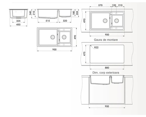 Desen tehnic al unei chiuvete cu dimensiuni
