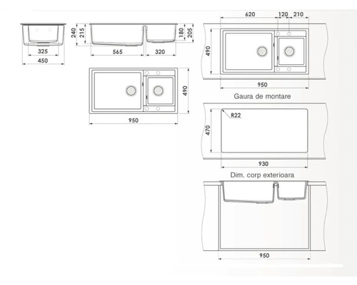 Desen tehnic al unei chiuvete cu două cuve și dimensiuni