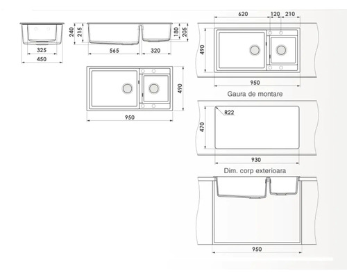 Desen tehnic al unei chiuvete cu cuvă și zonă de scurgere, diferite vederi și dimensiuni