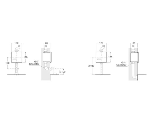 Desen de instalare pentru variantele de conectare cu indicarea dimensiunilor
