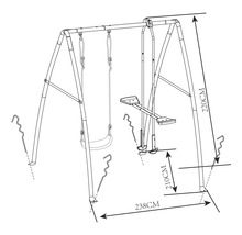 Schiță a unui leagăn pentru copii cu dimensiunile de 220 cm înălțime, 238 cm lungime și 210 cm distanță între pedală și sol.