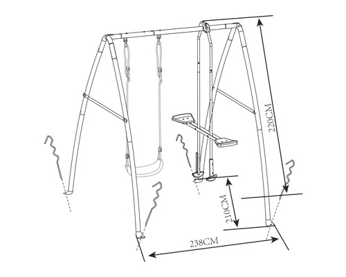 Schiță a unui leagăn pentru copii cu dimensiunile de 220 cm înălțime, 238 cm lungime și 210 cm distanță între pedală și sol.