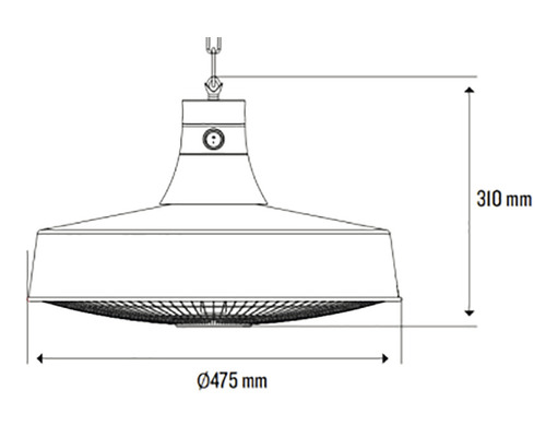 Desen tehnic al unei lămpi suspendate cu dimensiunile de 475 mm în diametru și 310 mm înălțime