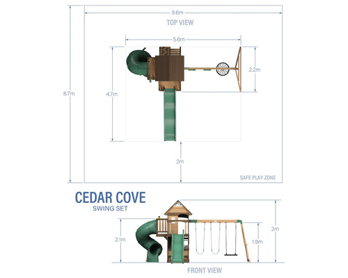 Vederi și dimensiuni ale setului de leagăne Cedar Cove