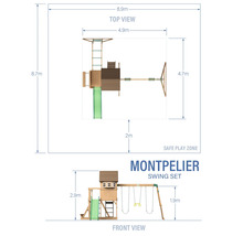 Dimensiunile setului de leagăne Montpelier, vedere de sus și vedere din față