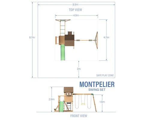 Dimensiunile setului de leagăne Montpelier, vedere de sus și vedere din față