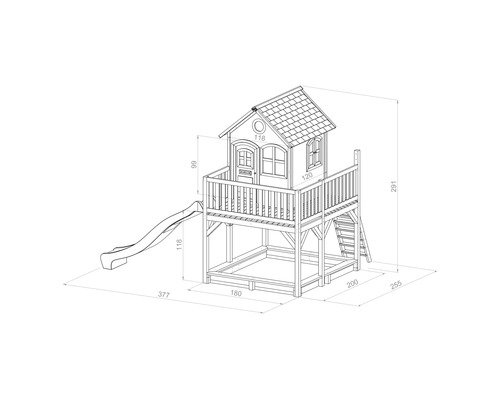 Ilustrație a unei căsuțe de joacă pentru copii din lemn, cu tobogan și dimensiuni
