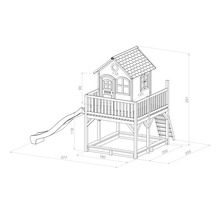 Ilustrație cu o căsuță de joacă cu tobogan și dimensiuni