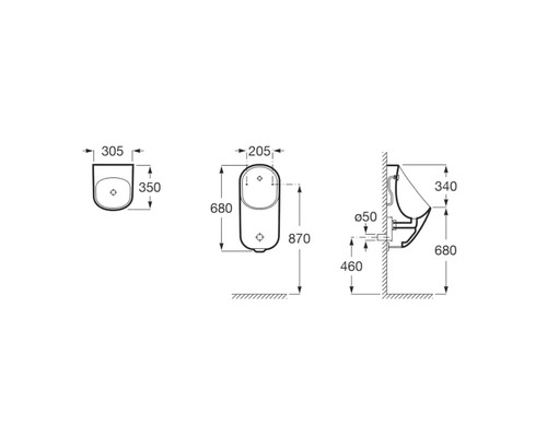 Desen tehnic al unui urinal cu dimensiuni pentru instalare
