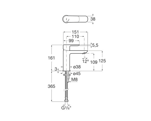 Desen tehnic al unei baterii de apă cu dimensiuni