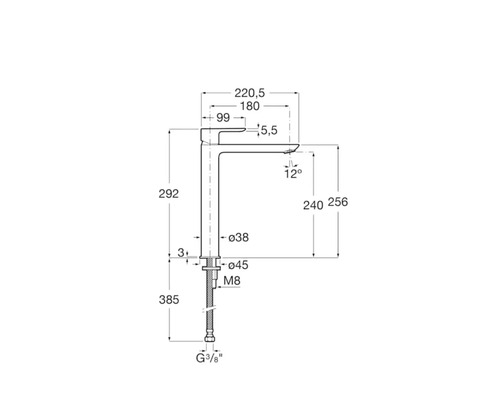 Desen tehnic al unei baterii de lavoar cu dimensiuni